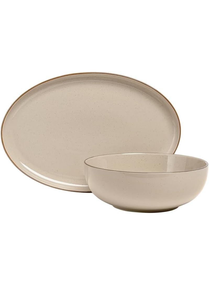 over&back Options Stoneware 2 Piece Serving Set, Durable Everyday Serveware, 1 x Serving Bowl - 25.7 cm / 2.89 L & 1 x Serving Platter - 40.8 x 27.3 cm - Linen Cream - Image 2